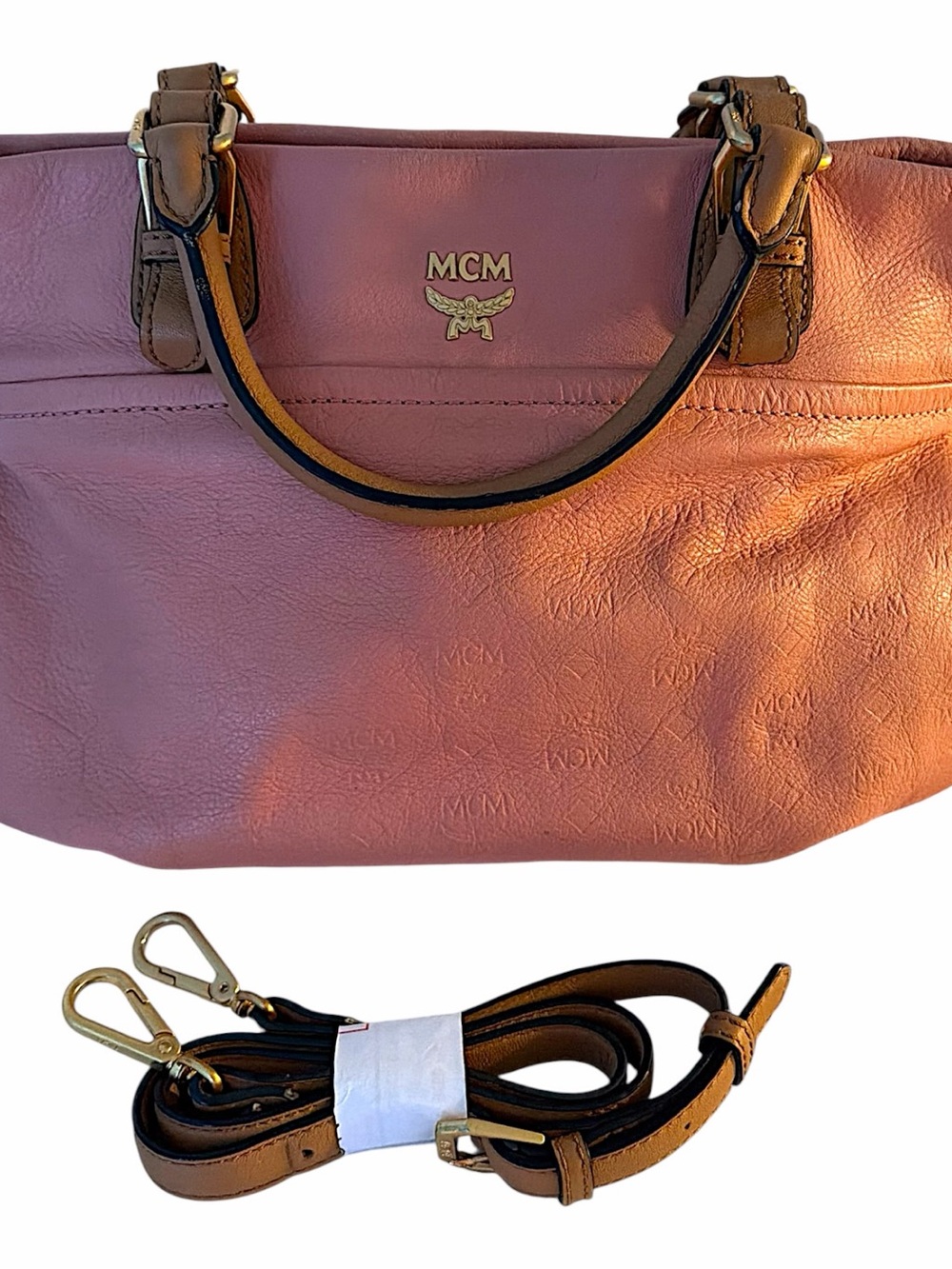 MCM Pink Leather Shoulder Bag with Tan Strap and Gold Hardware